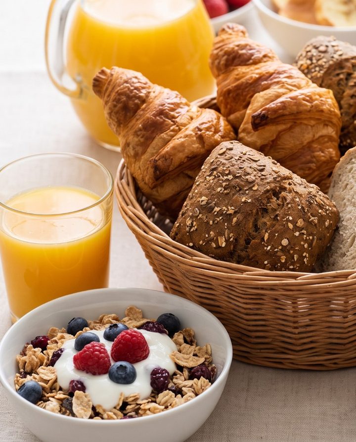 Brotkorb mit Gipfeli, Orangensaft und Müesli